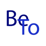 logo em tons de azul, com um B maiúsculo e um e minúsculo em azul mais escuro, e um T maiúsculo, cortando o e, seguido de um o minúsculo, em azul mais claro