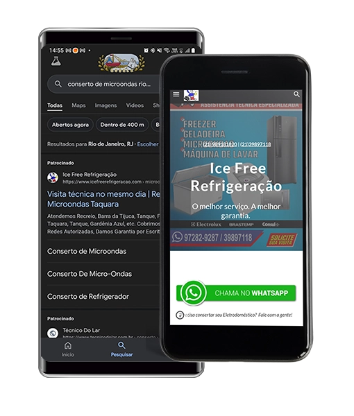 uma imagem com 2 celulares, contendo a tela de navegação do Google, no maior, com a exibição de resultados de busca, e no menor, a tela inicial do site da ice free refrigeração
