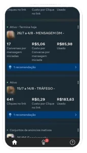 imagem do gerenciador de campanhas do Meta Ads, com campanha de mensagem e de tráfego apresentando dados de performance