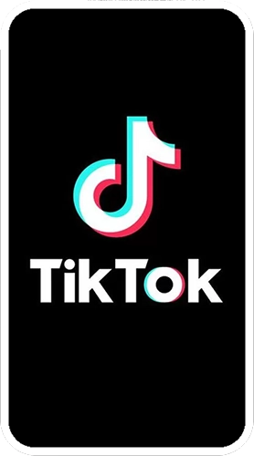 a logo do tiktok, em branco, com sombra rosa, sobre o nome tiktok em branco, com um fundo preto, dentro de um celular